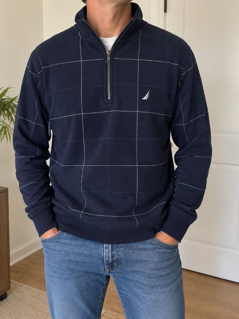 Nautica Men’s Navy Blue Windowpane Grid Quarter-Zip Pullover – M